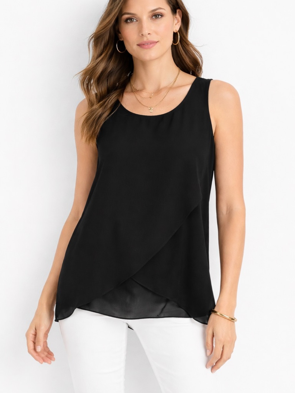 Black Sheer Layered Tank Blouse Asymmetrical Hem Flowy Summer Top